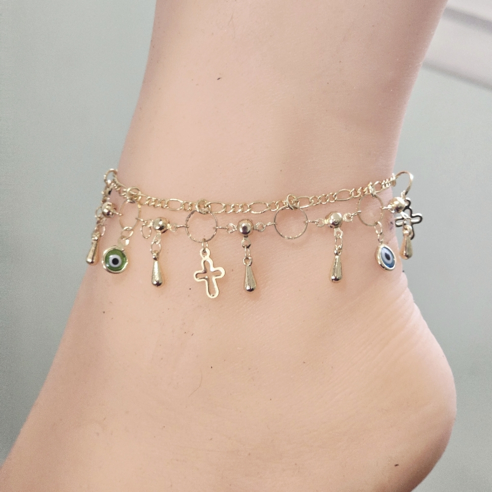 Gold Plated Charm Anklet with Eye and Cross Pendants